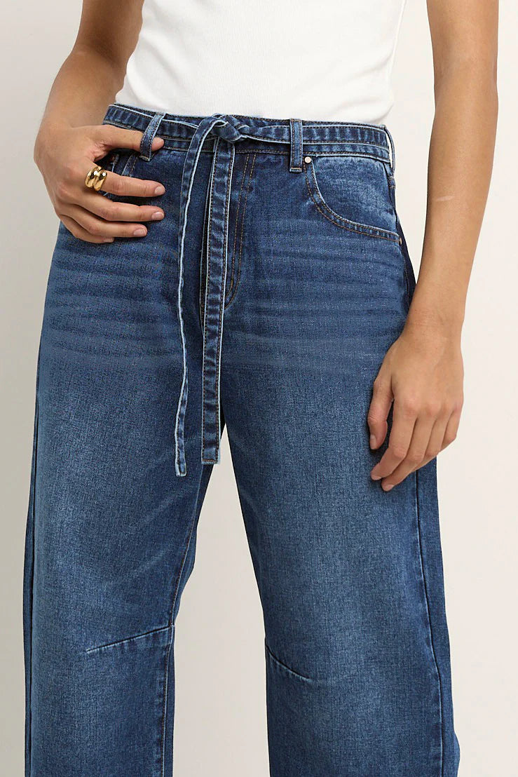 Campus Tie Waist Barrel Jeans - Dark Blue
