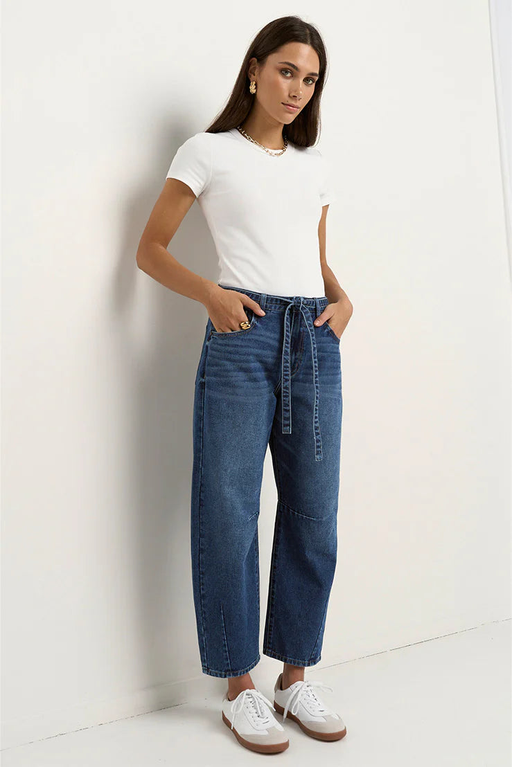 Campus Tie Waist Barrel Jeans - Dark Blue