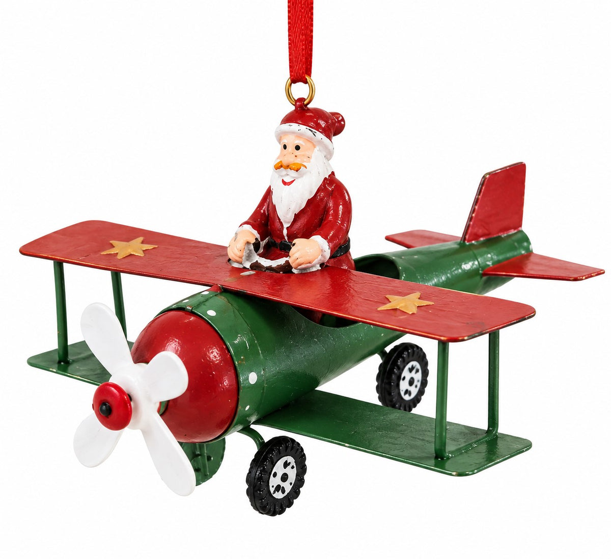 Flying Metal Plane Santa Ornament