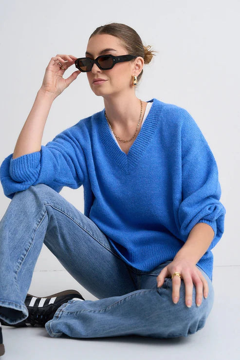 Harvest V-Neck Jumper – Azure Blue