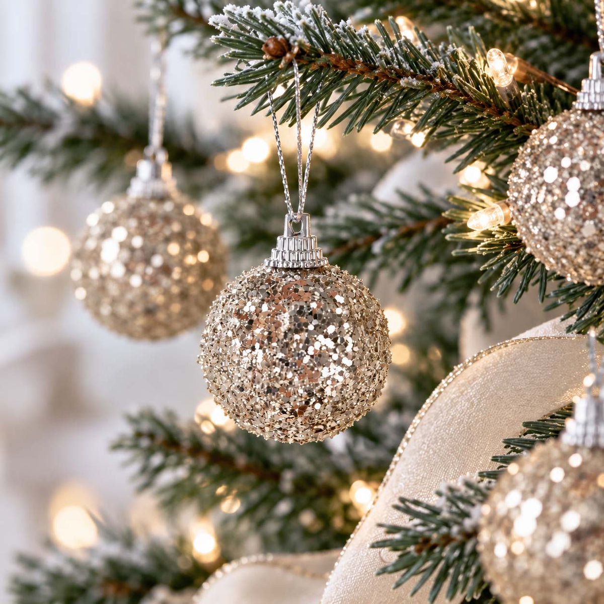 Mini Champagne Sparkle Baubles – Set of 12