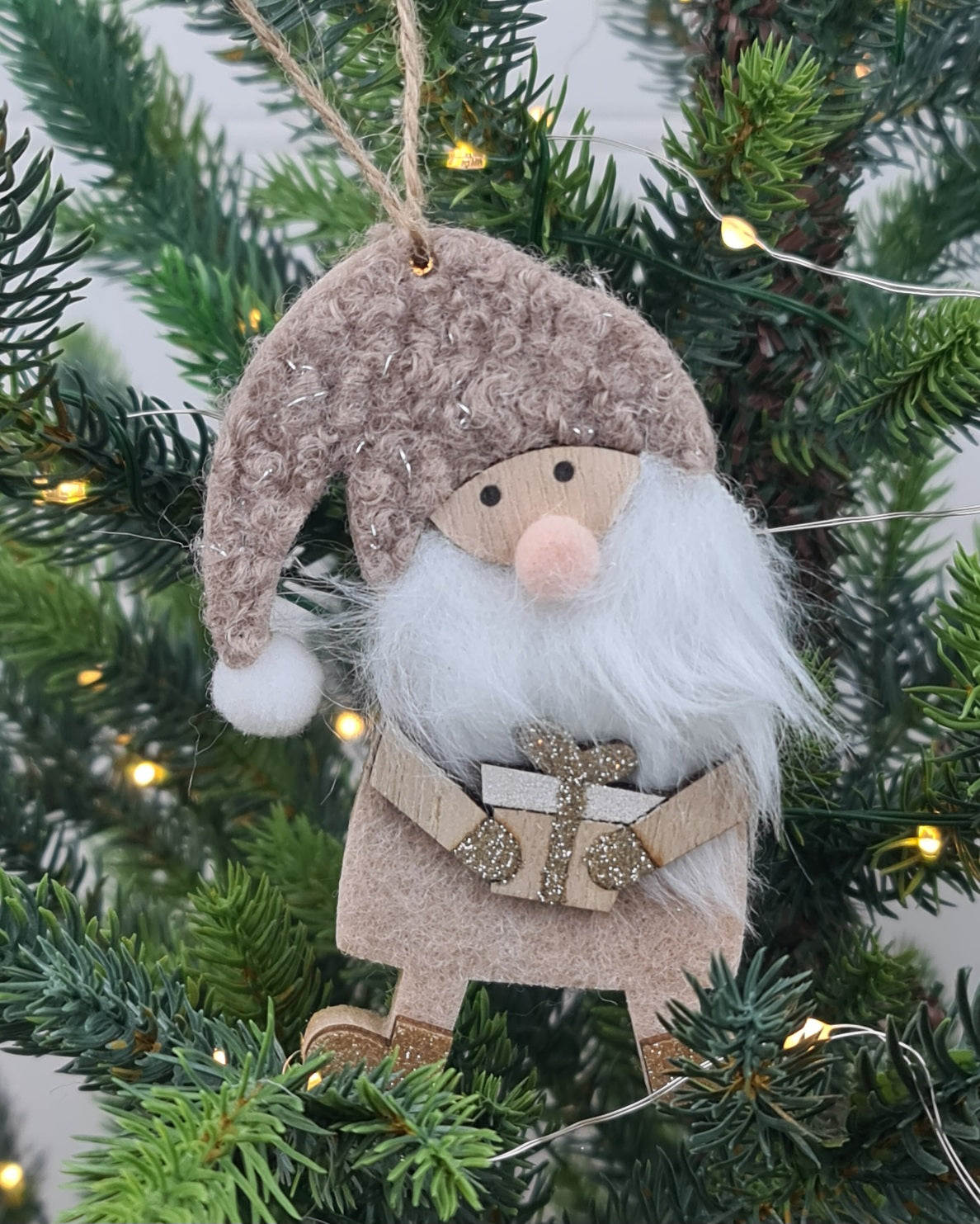 Santa with Gift Hanging Ornament - Natural