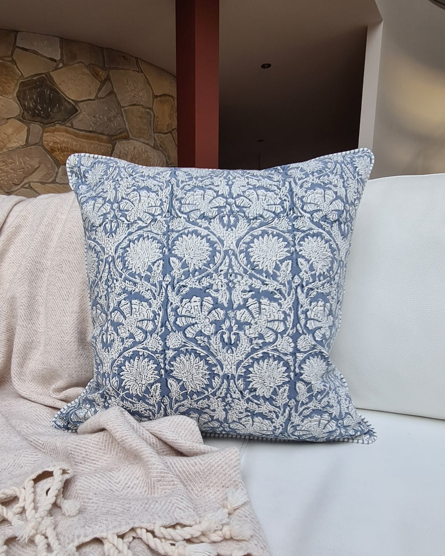 Thalia Hand Block Print Cushion Cover – Blue | 50cm x 50cm