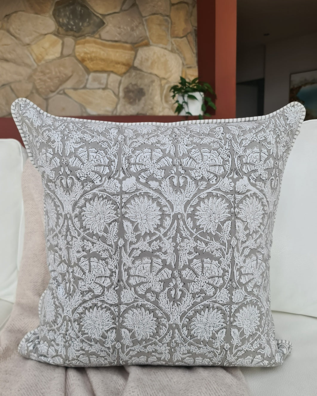 Thalia Hand Block Print Cushion Cover – Grey | 50cm x 50cm
