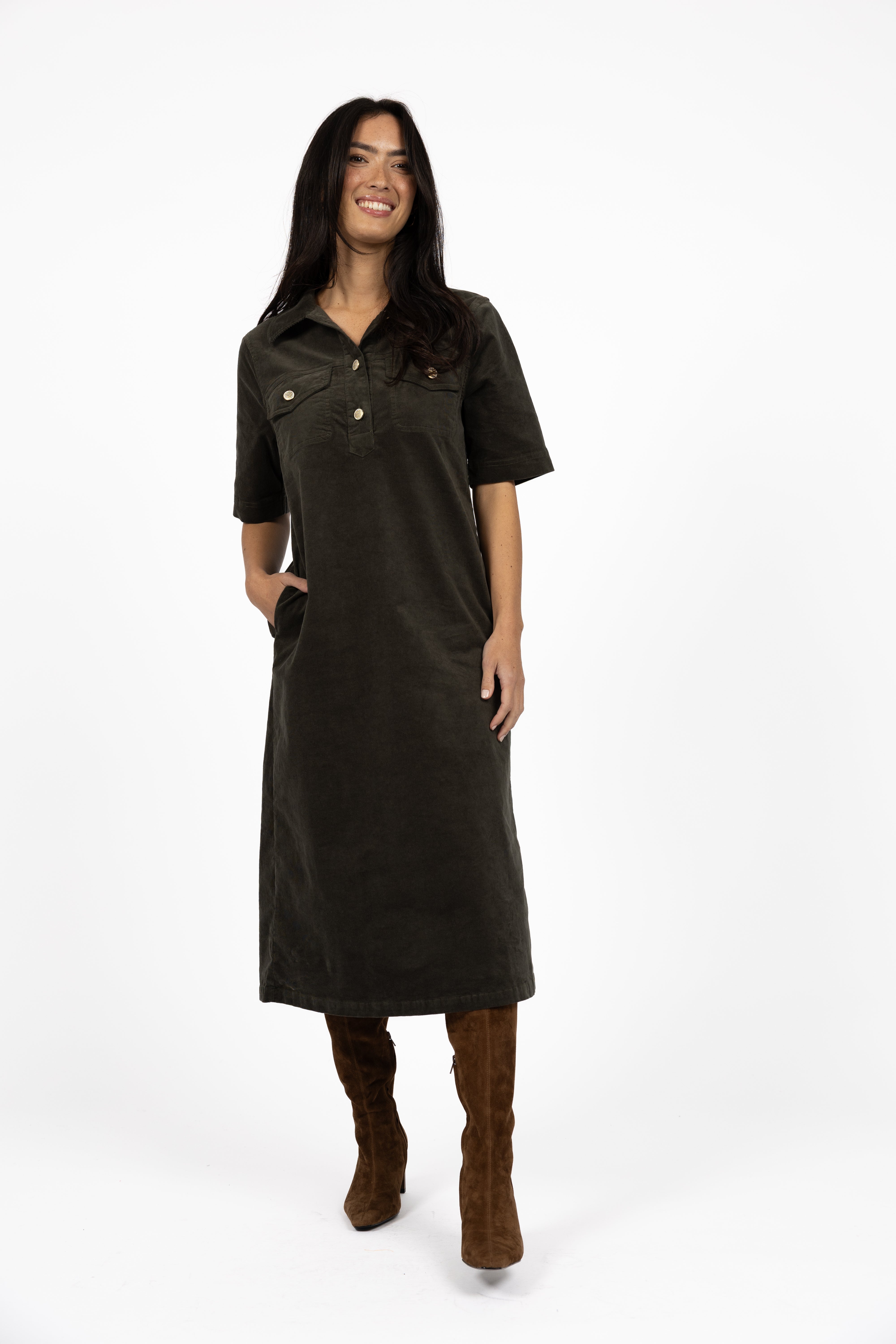 Amici Cord Midi Dress – Khaki