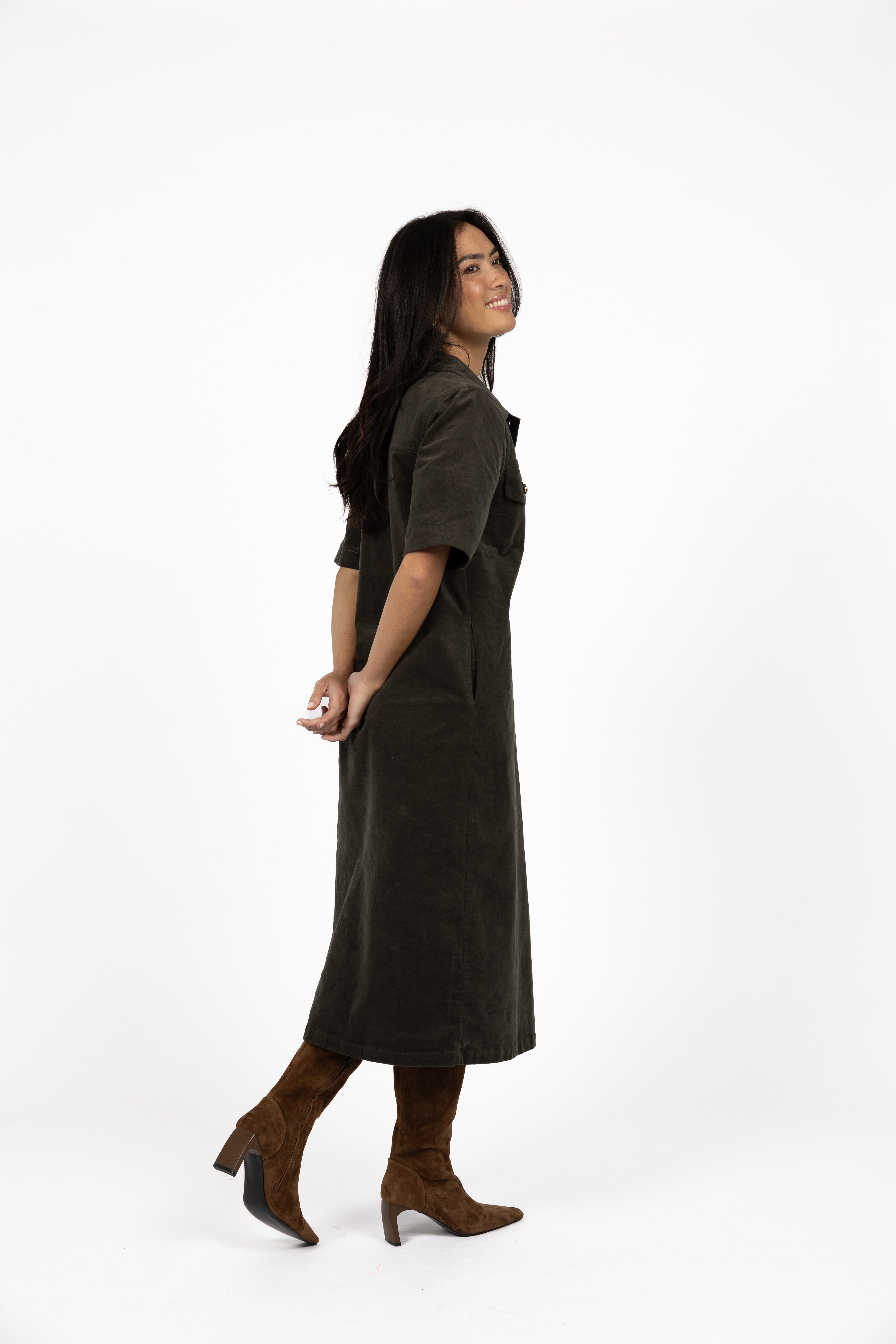 Amici Cord Midi Dress – Khaki
