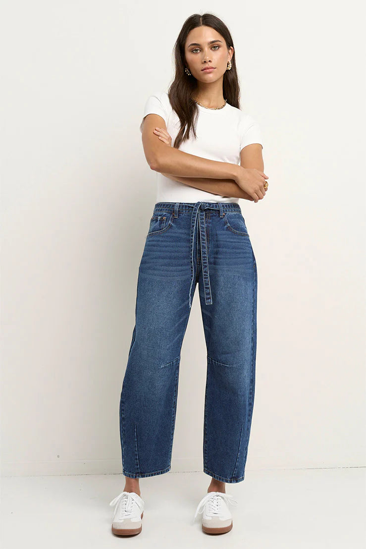 Campus Tie Waist Barrel Jeans - Dark Blue