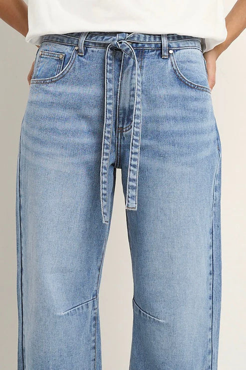 Campus Tie Waist Barrel Jeans - Light Blue