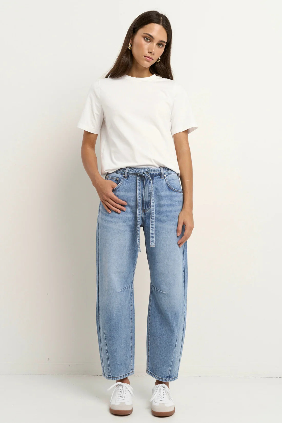 Campus Tie Waist Barrel Jeans - Light Blue