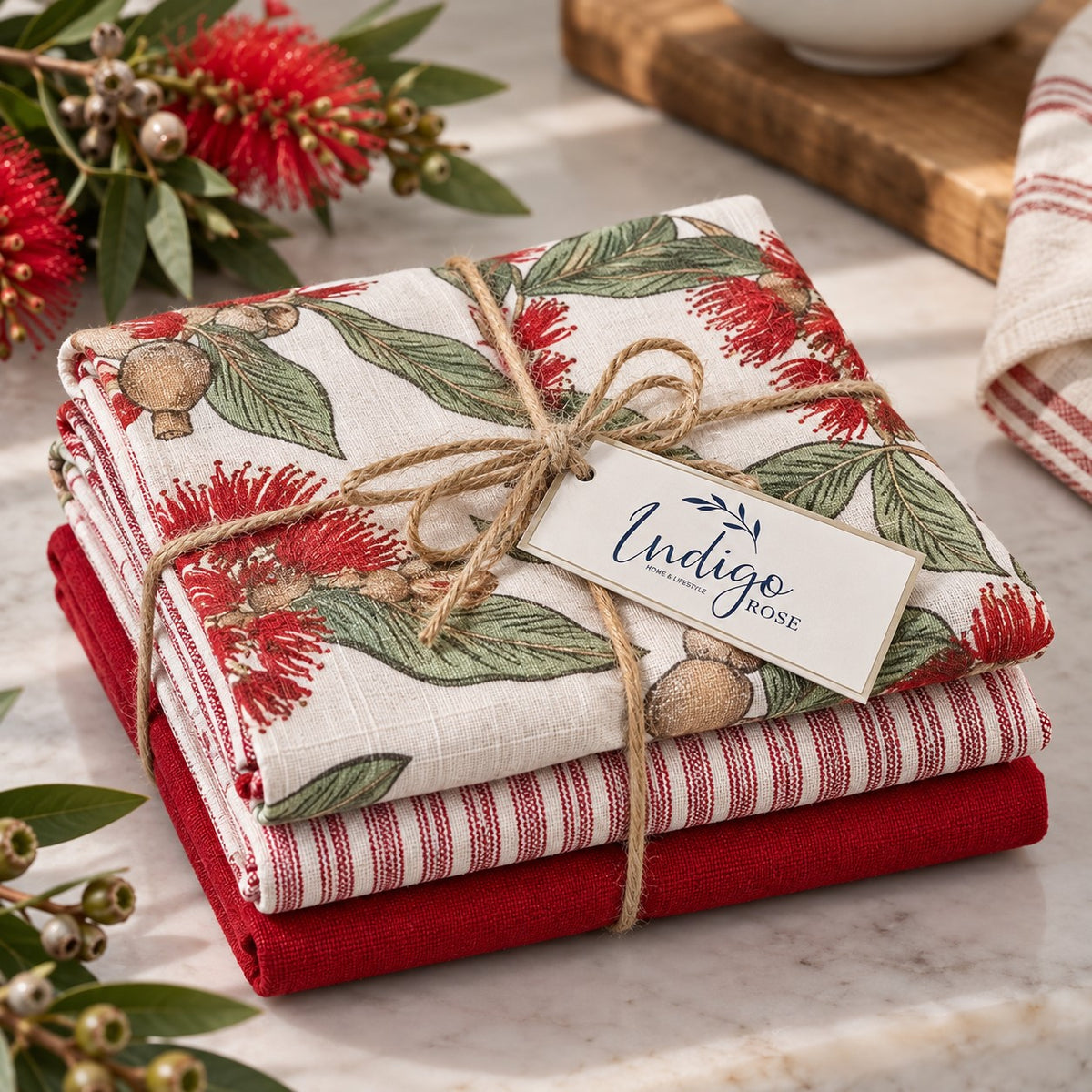 Red Eucalyptus Christmas Tea Towel Set of 3
