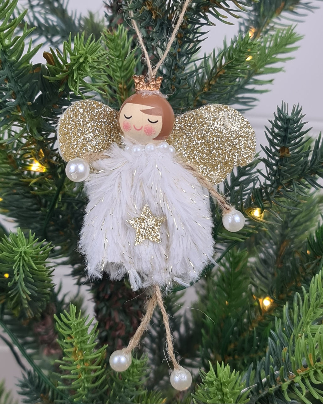 Fluffy White Glitter Angel Ornament