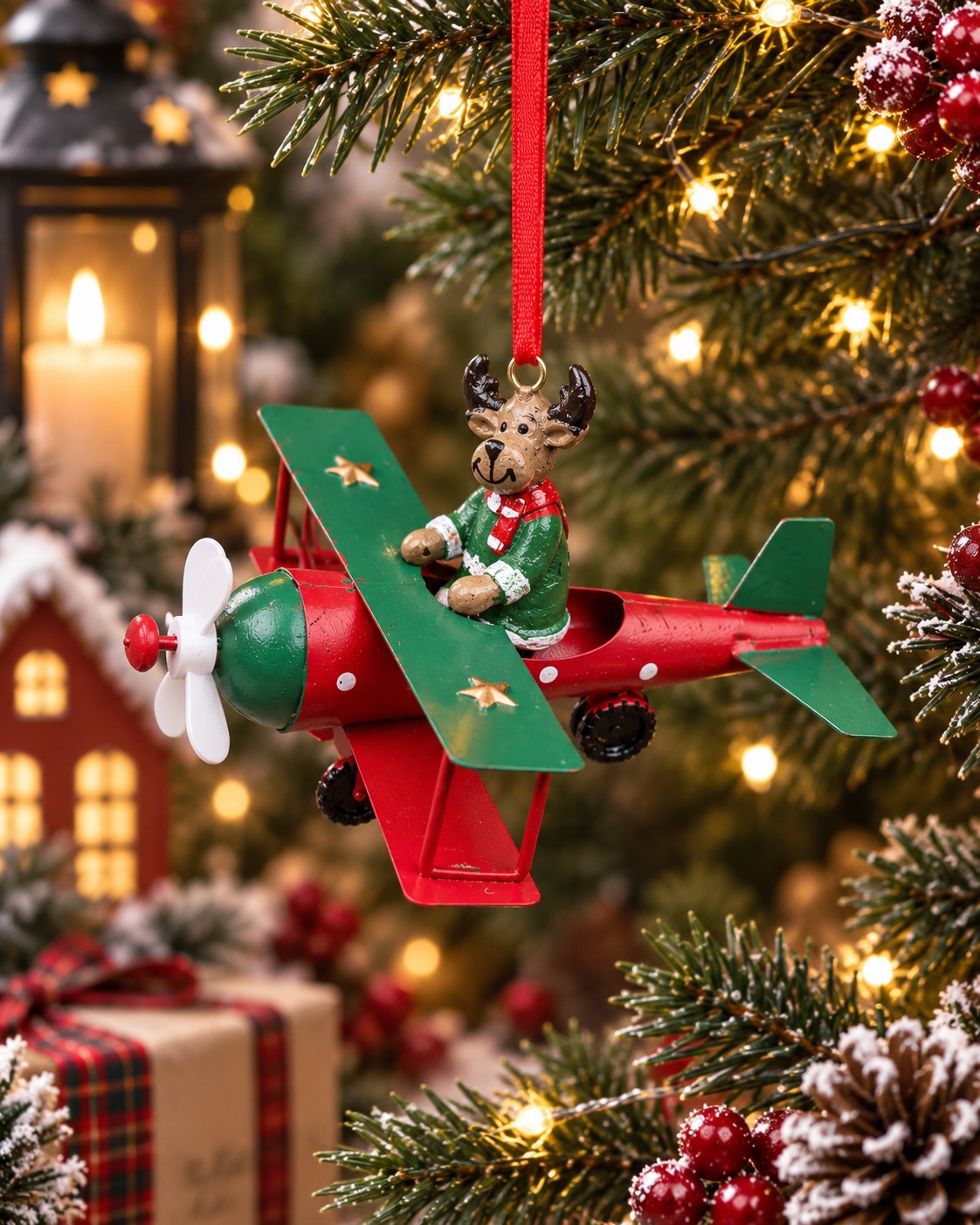 Flying Metal Plane Reindeer Ornament