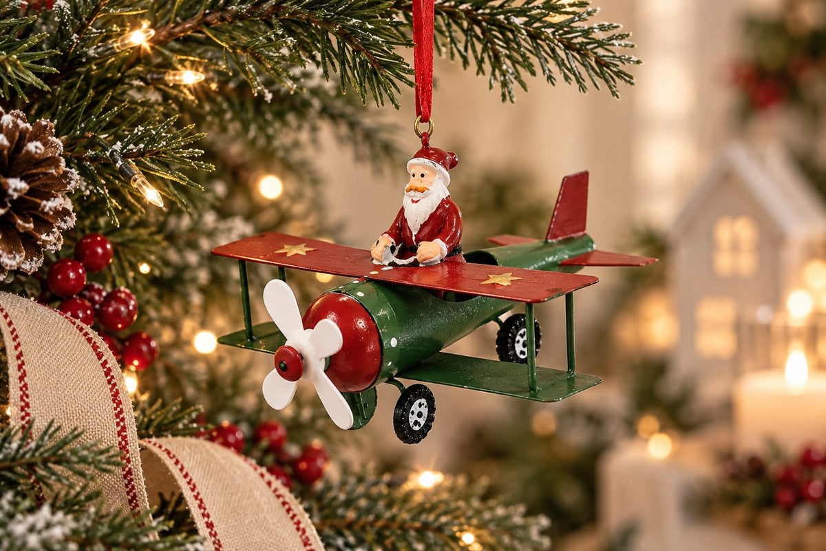 Flying Metal Plane Santa Ornament