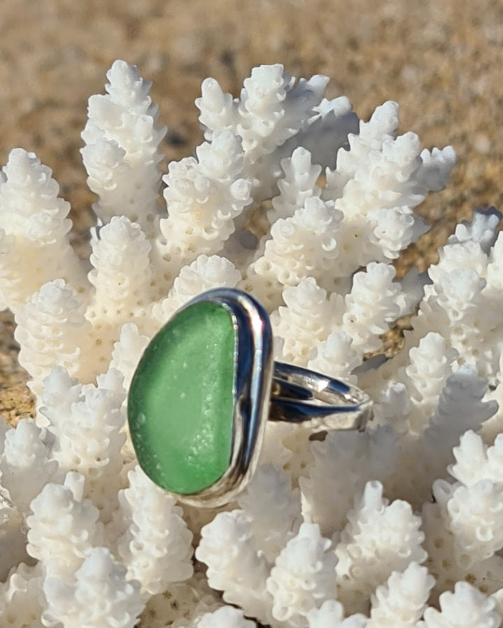 Sea Glass Ring – Forest Green Sterling Silver Adjustable Ring | Indigo Rose