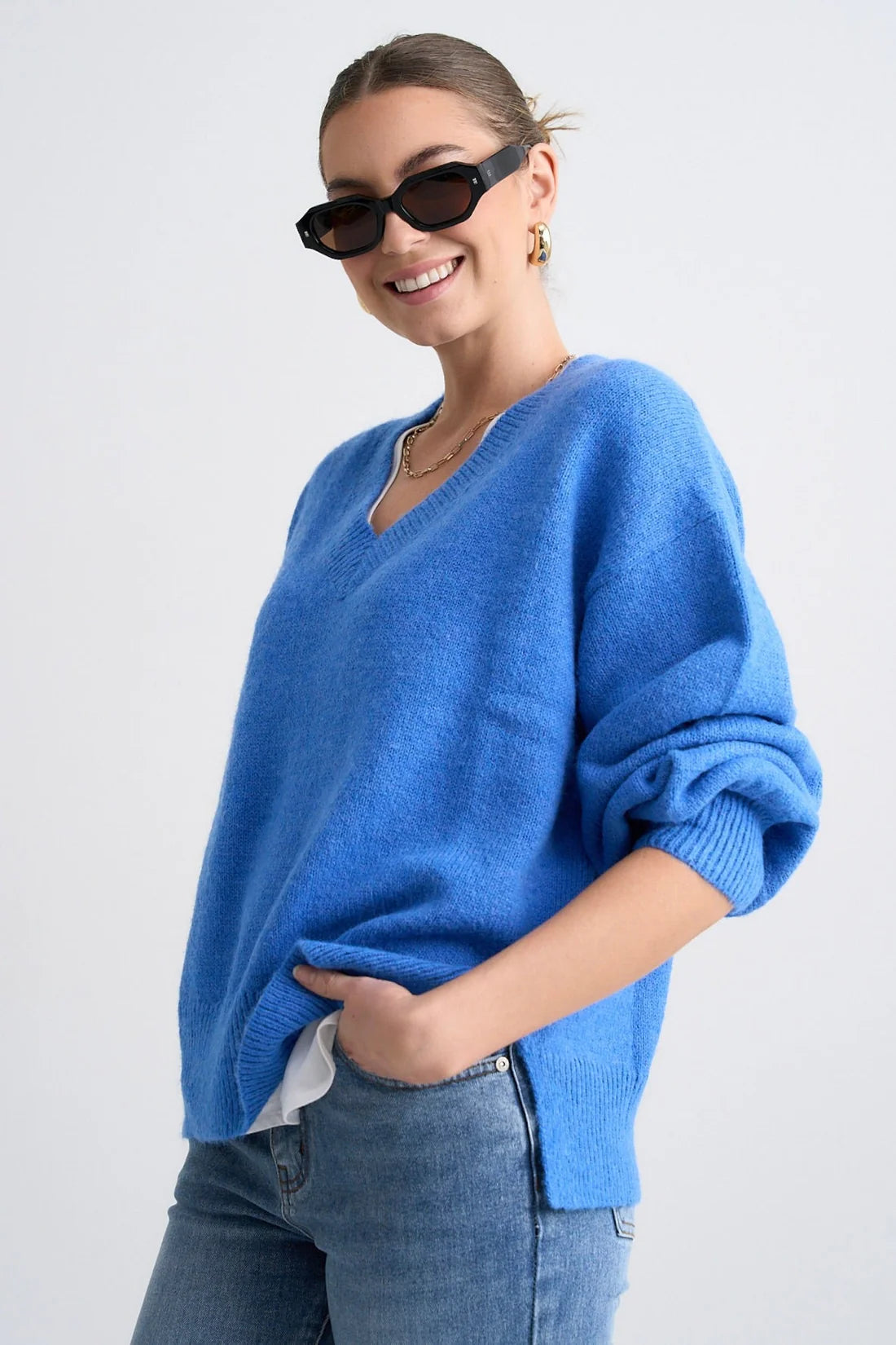 Harvest V-Neck Jumper – Azure Blue