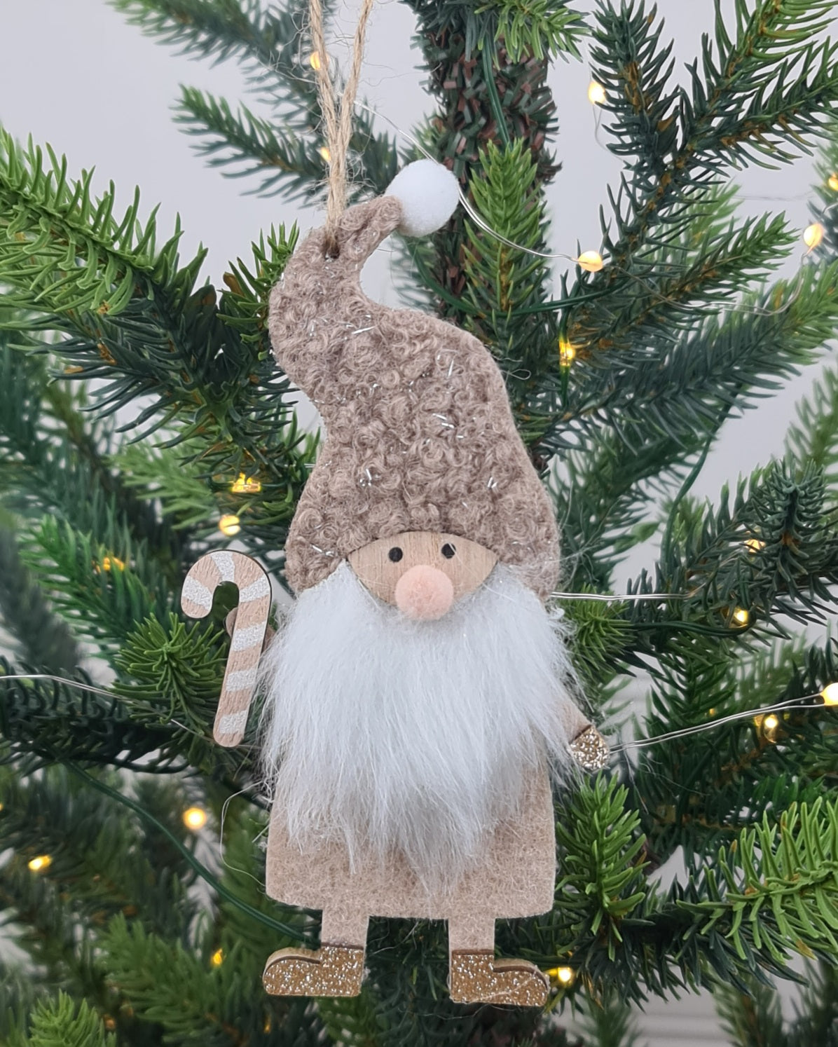 Santa with Cane Hanging Ornament - Natural