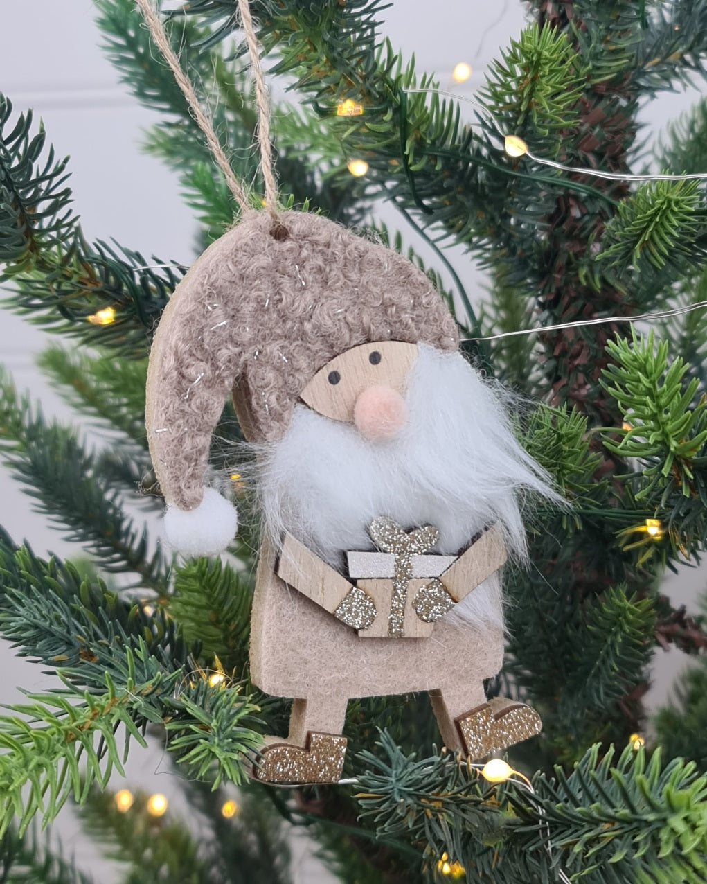 Santa with Gift Hanging Ornament - Natural