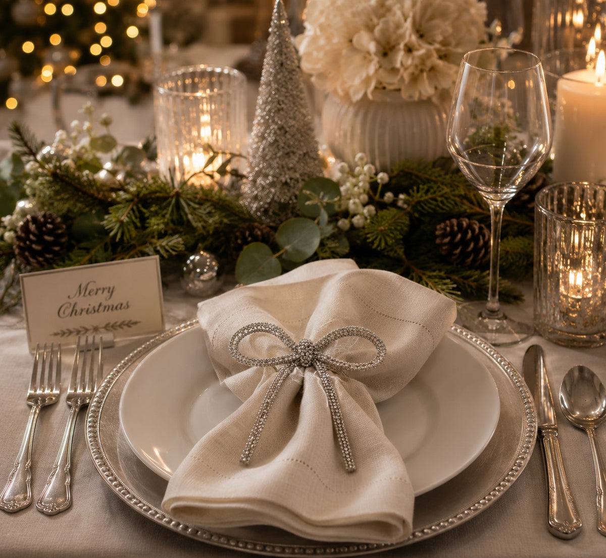 Silver Beaded Bow Ornament