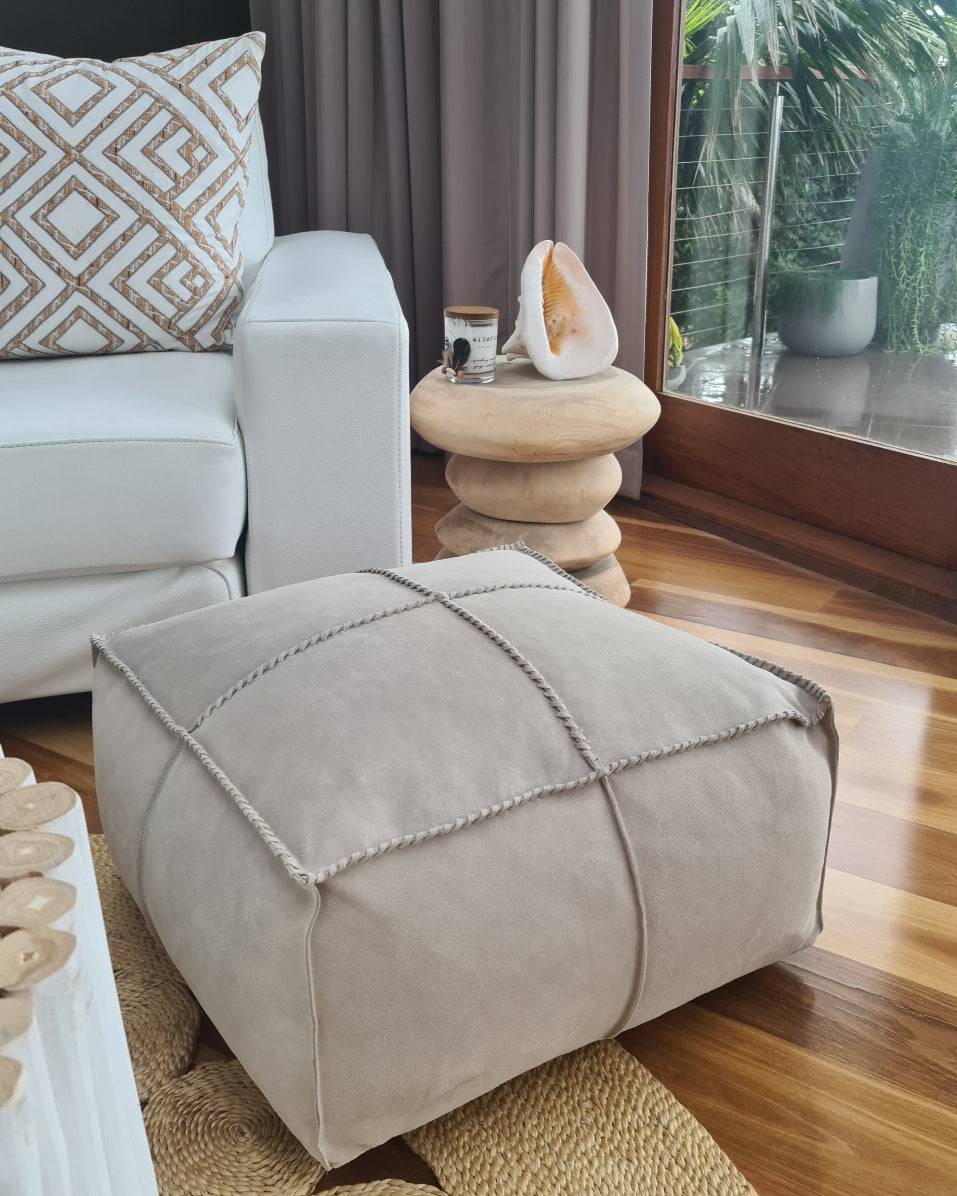 Suede / Leather Ottoman - Stone