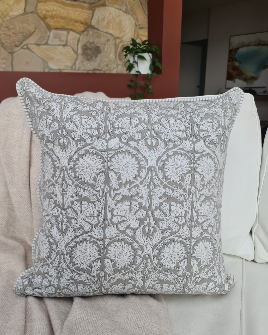 Thalia Hand Block Print Cushion Cover – Grey | 50cm x 50cm
